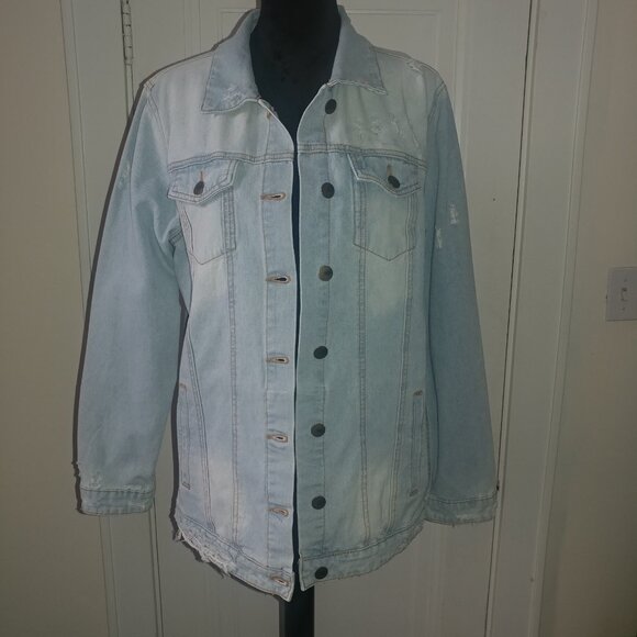 mono b: Distressed Ripped Light Wash Denim Jacket - Women's Size Large - Picture 3 of 11